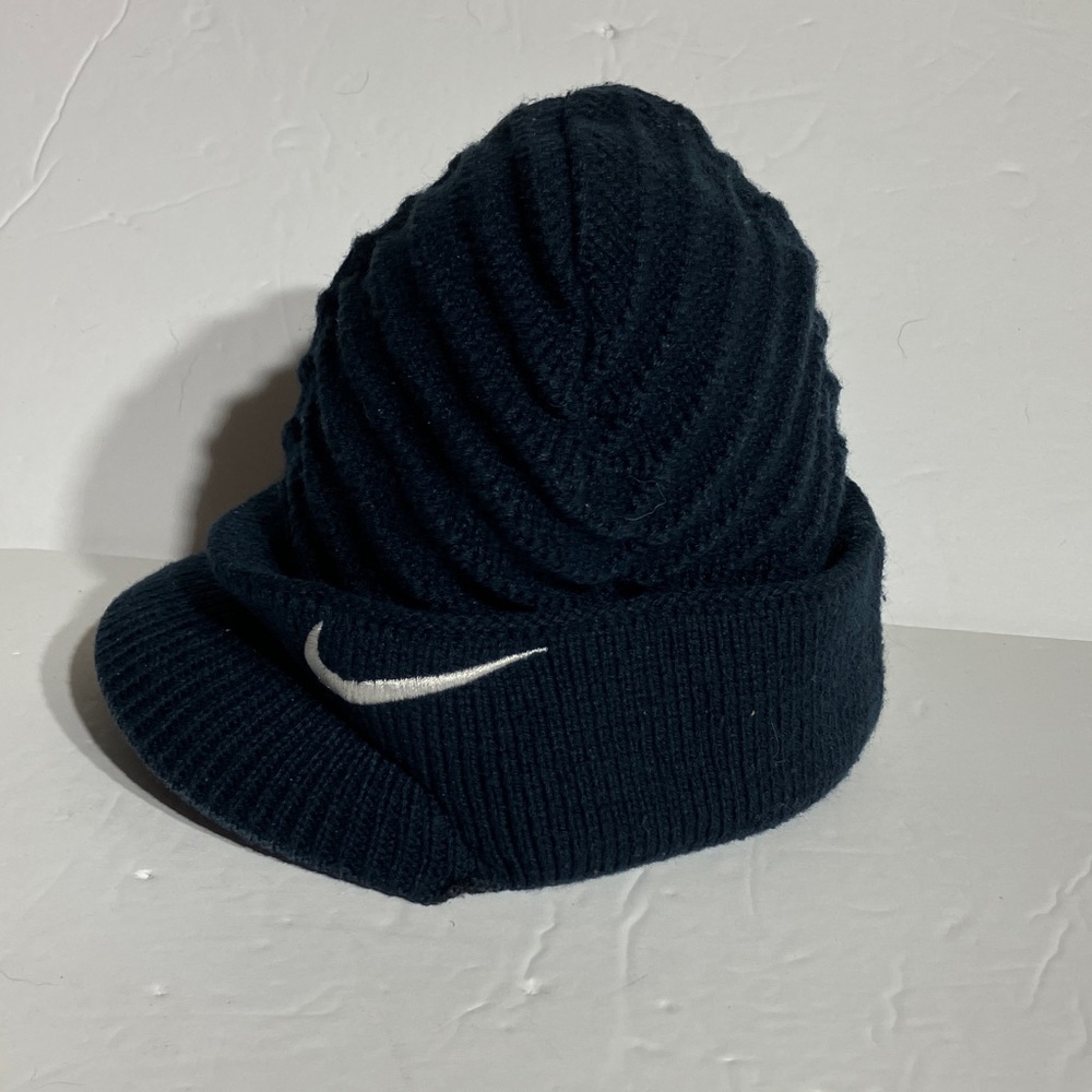 Nike Dark Blue Ribbed Beanie with White Logo Hard Cap Front Rim Child 4-7